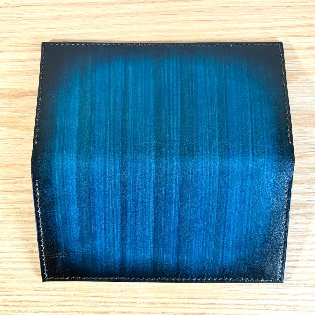 姫路レザー 長財布 ロングウォレット 流線ぼかし染め ブルー × チョコ