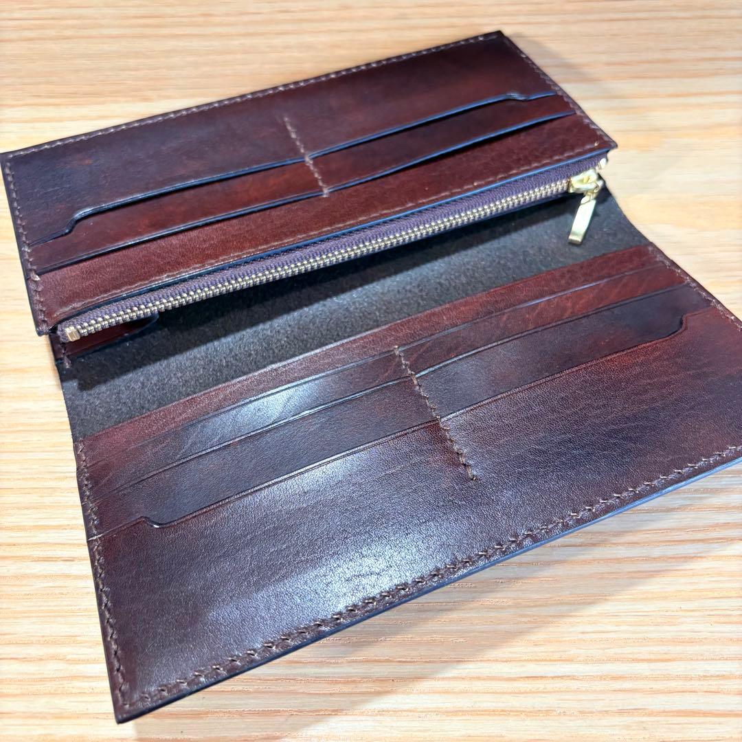 姫路レザー 長財布 ロングウォレット 流線ぼかし染め ブルー × チョコ