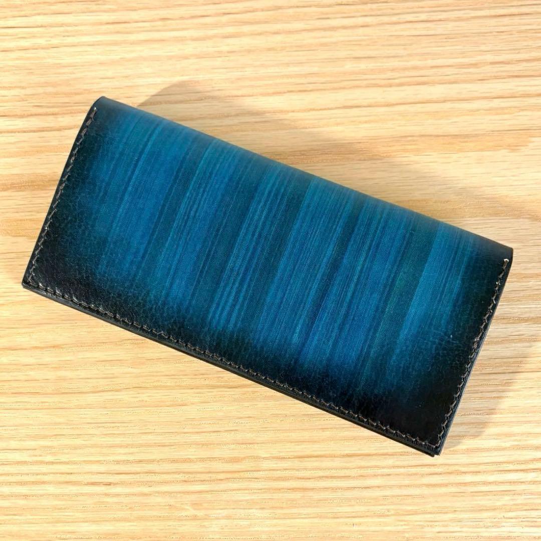 姫路レザー 長財布 ロングウォレット 流線ぼかし染め ブルー × チョコ