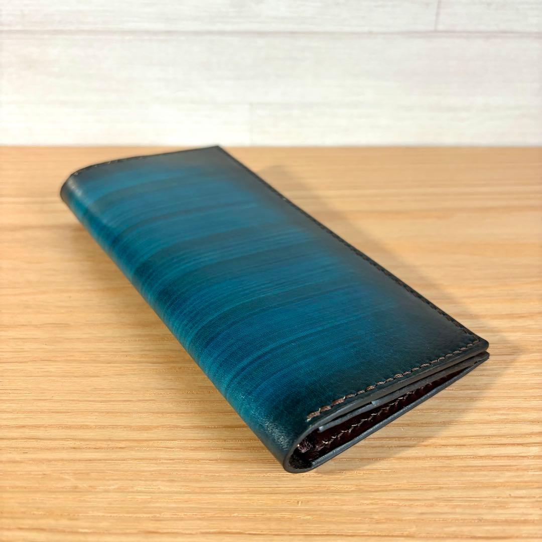 姫路レザー 長財布 ロングウォレット 流線ぼかし染め ブルー × チョコ