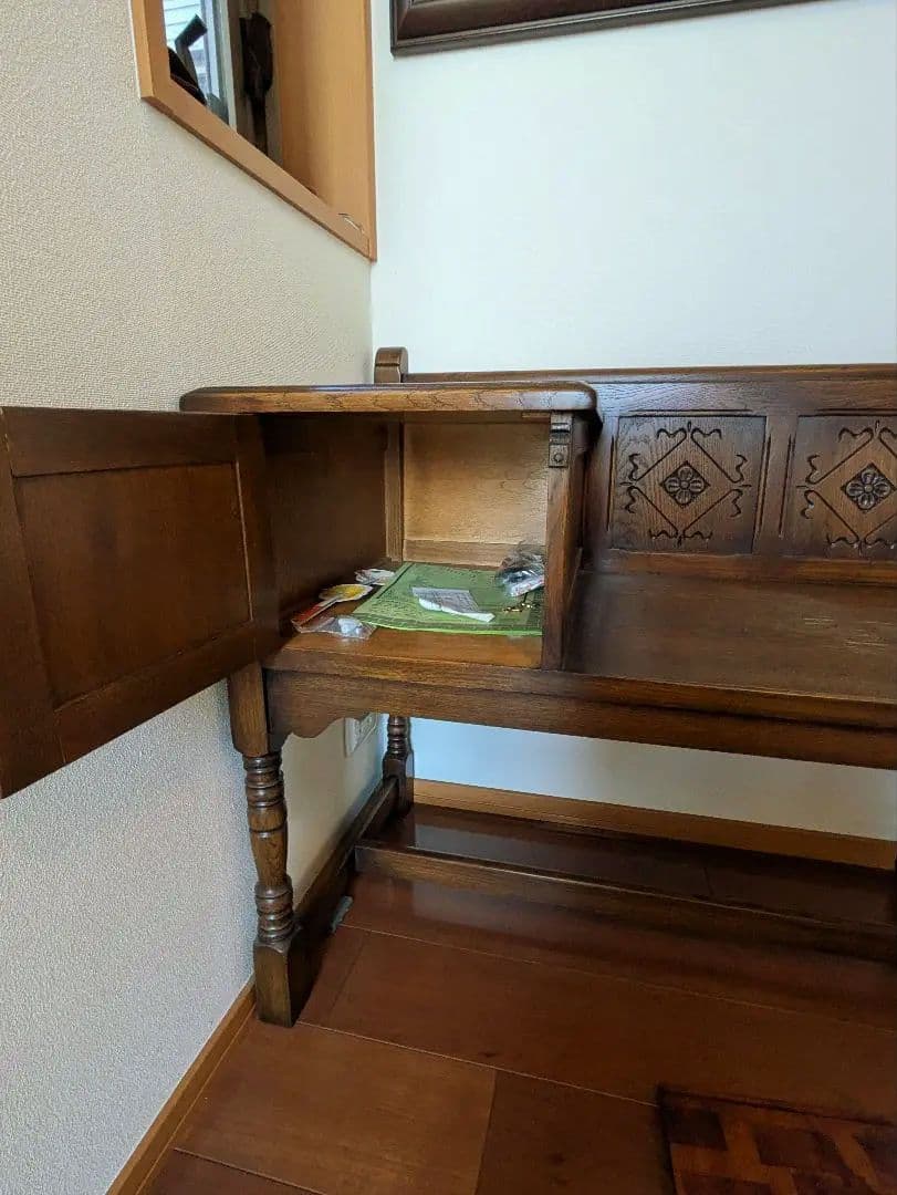 テレフォンベンチ　テレフォンシート　アンティーク　彫刻入りブラウン　ヴィンテージ