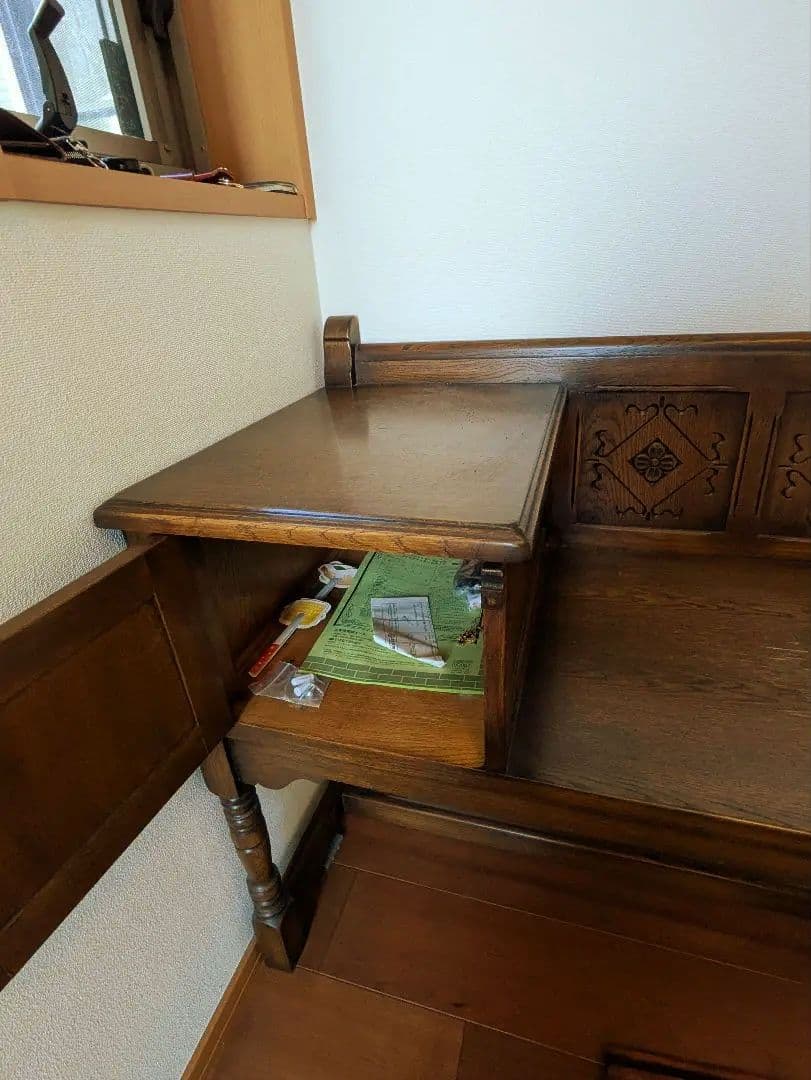 テレフォンベンチ　テレフォンシート　アンティーク　彫刻入りブラウン　ヴィンテージ