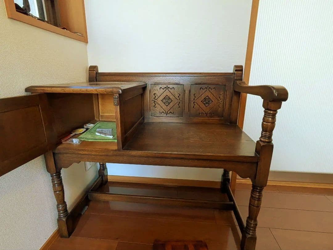 テレフォンベンチ　テレフォンシート　アンティーク　彫刻入りブラウン　ヴィンテージ