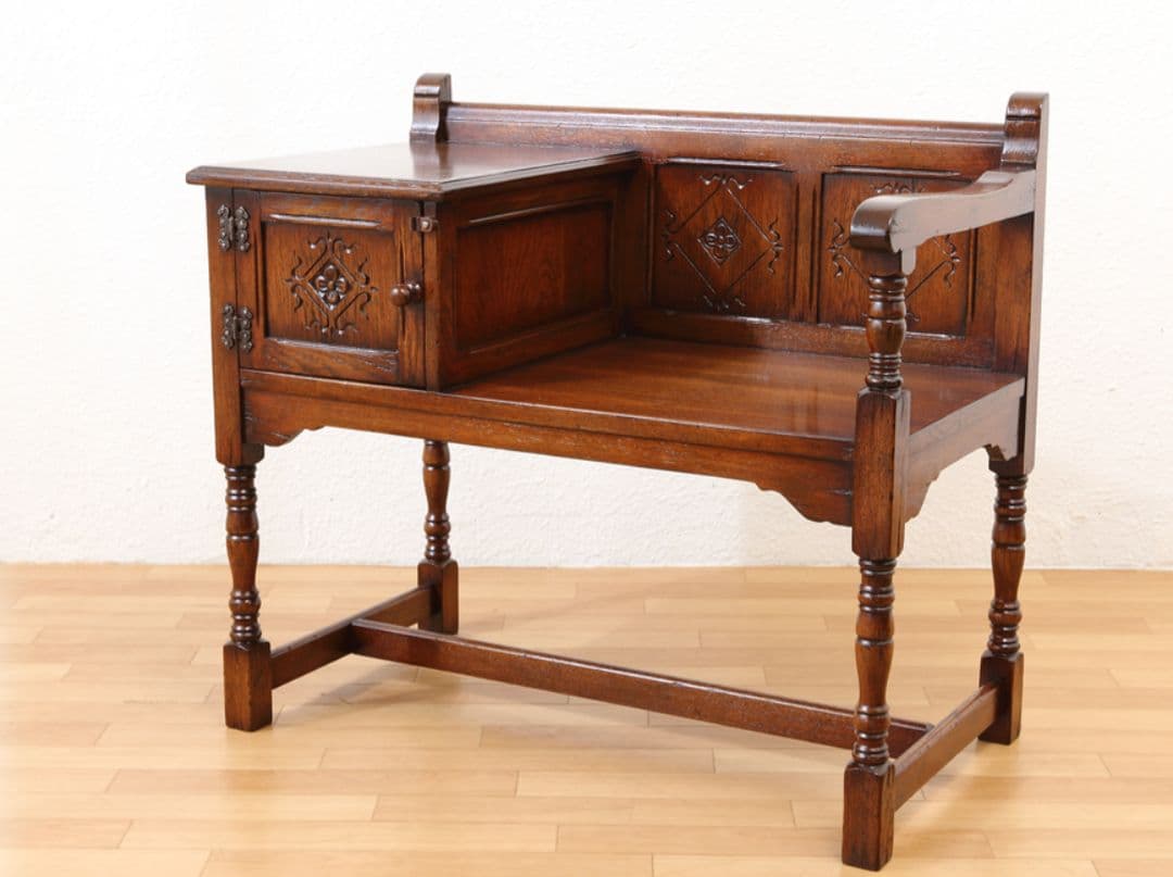 テレフォンベンチ　テレフォンシート　アンティーク　彫刻入りブラウン　ヴィンテージ