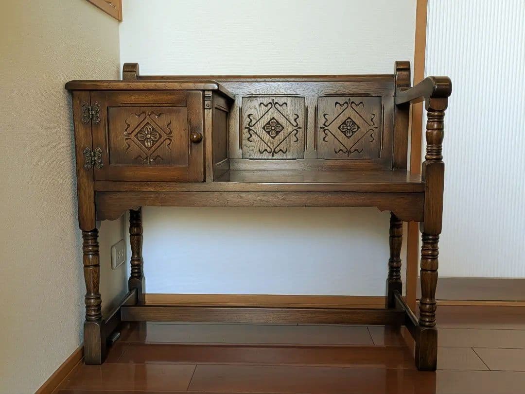 テレフォンベンチ　テレフォンシート　アンティーク　彫刻入りブラウン　ヴィンテージ