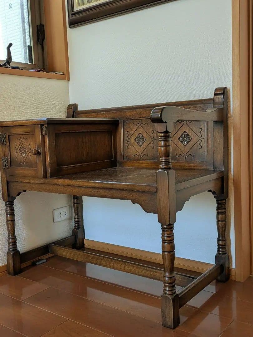 テレフォンベンチ　テレフォンシート　アンティーク　彫刻入りブラウン　ヴィンテージ