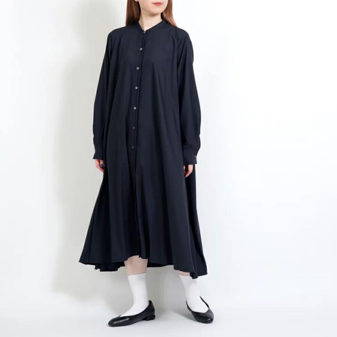 ミズイロインド ▲∴+ T/Rスタンドカラーフレアワンピース 日本製 ブラック