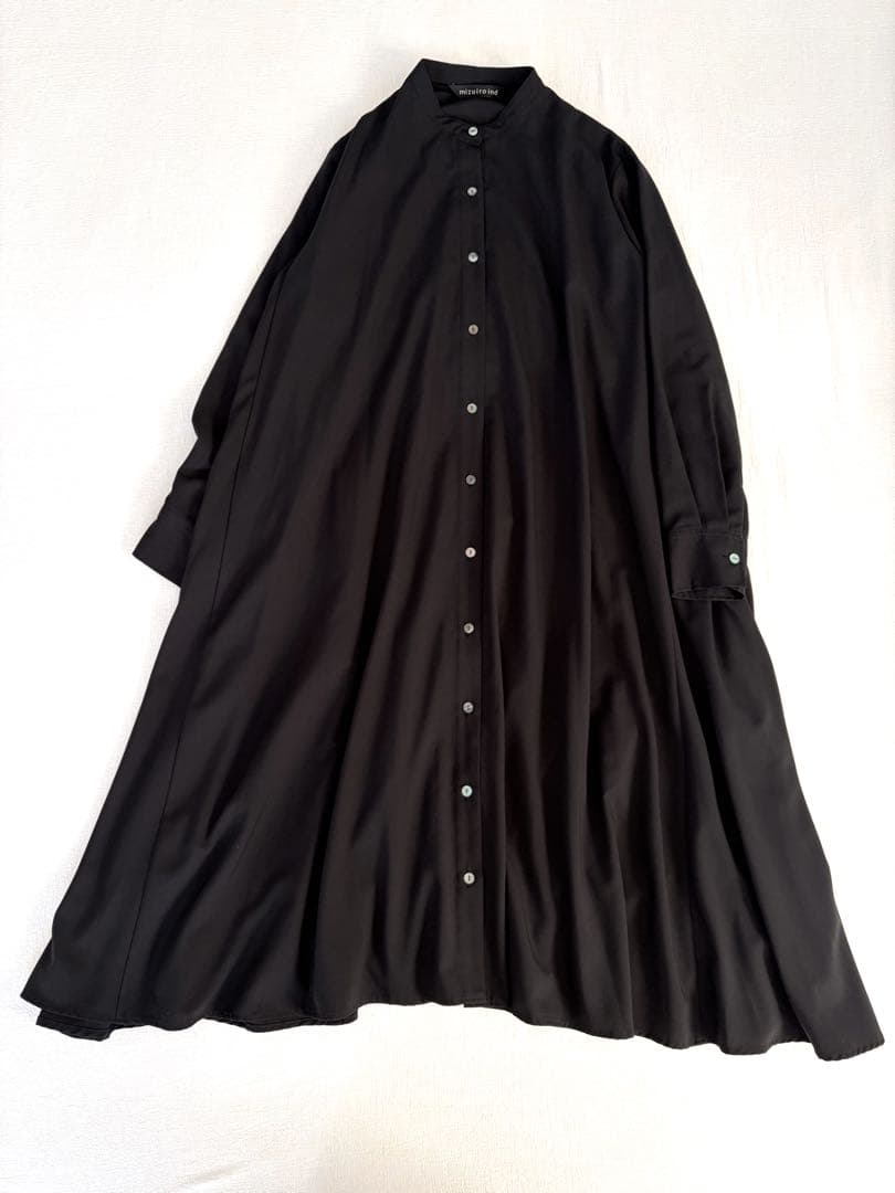 ミズイロインド ▲∴+ T/Rスタンドカラーフレアワンピース 日本製 ブラック