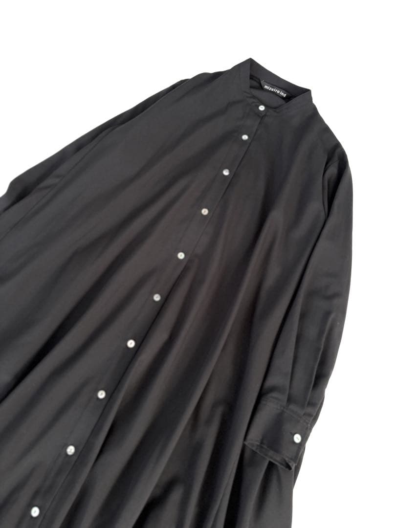 ミズイロインド ▲∴+ T/Rスタンドカラーフレアワンピース 日本製 ブラック