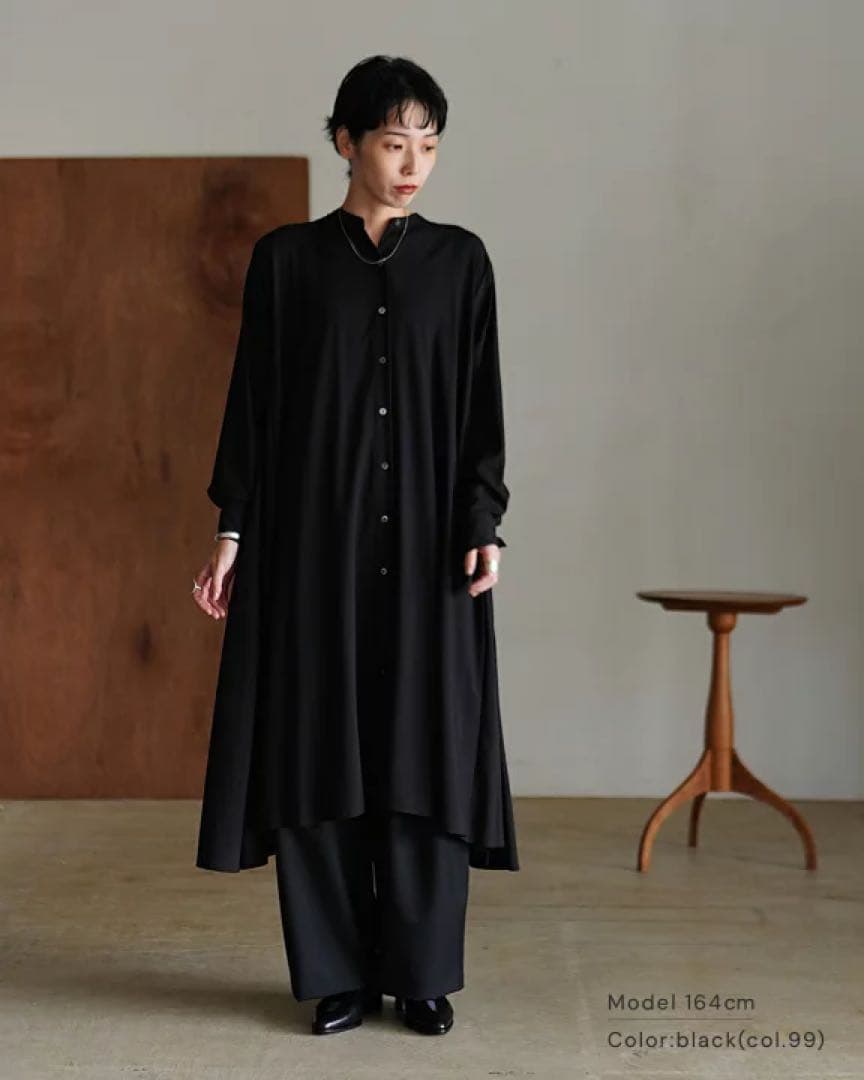 ミズイロインド ▲∴+ T/Rスタンドカラーフレアワンピース 日本製 ブラック