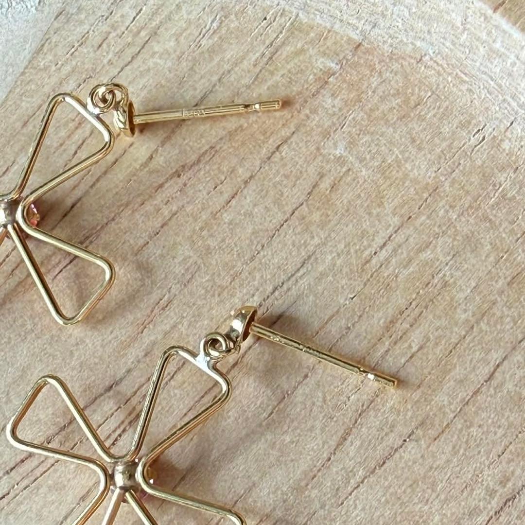 K18 ゴールド クロスデザイン ピアス（ピンク石付き）