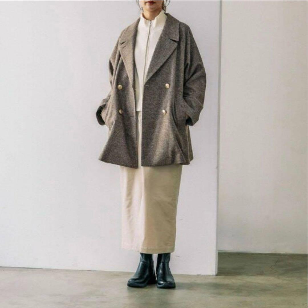 【美品】GLOBAL WORK 軽やかストレッチ衿2WAYコート　ヘリンボーン