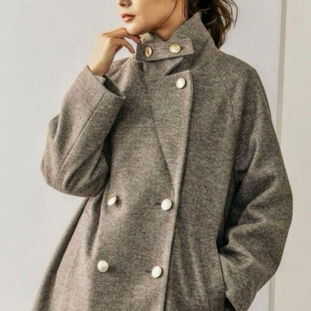 【美品】GLOBAL WORK 軽やかストレッチ衿2WAYコート　ヘリンボーン