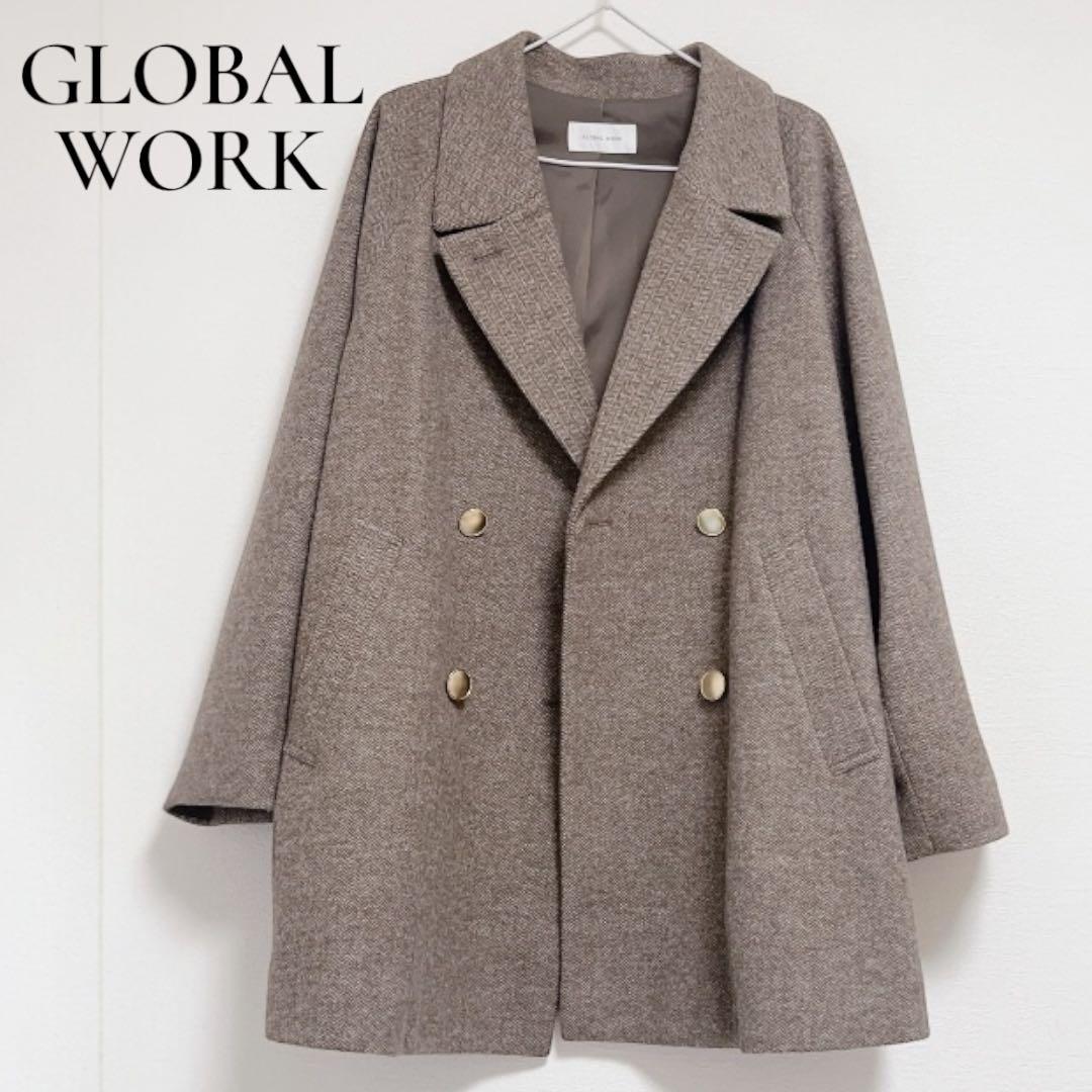 【美品】GLOBAL WORK 軽やかストレッチ衿2WAYコート　ヘリンボーン