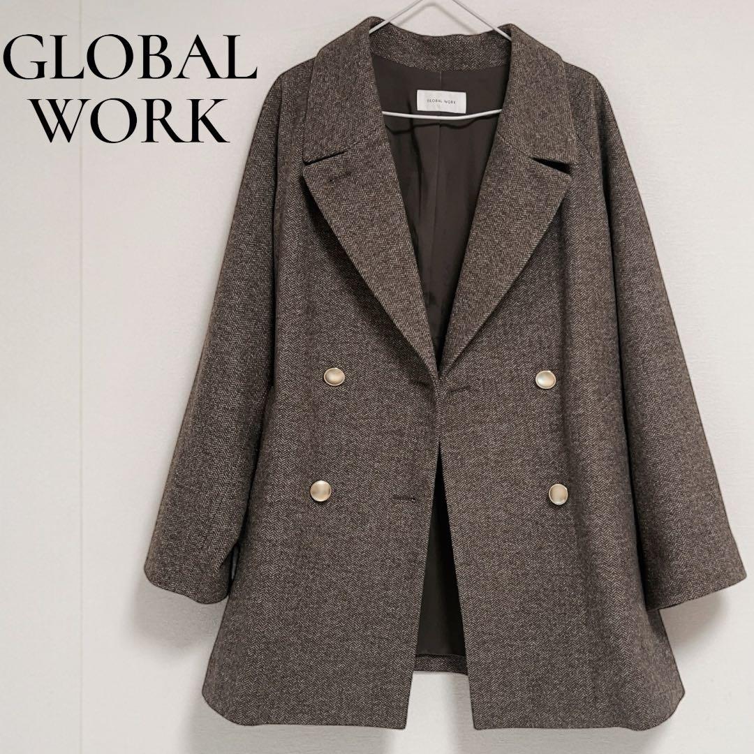 【美品】GLOBAL WORK 軽やかストレッチ衿2WAYコート　ヘリンボーン