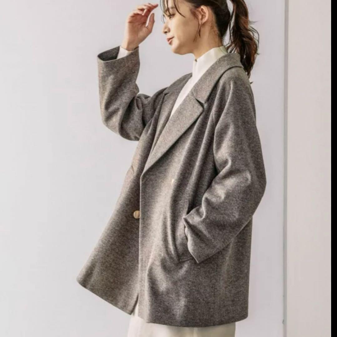 【美品】GLOBAL WORK 軽やかストレッチ衿2WAYコート　ヘリンボーン