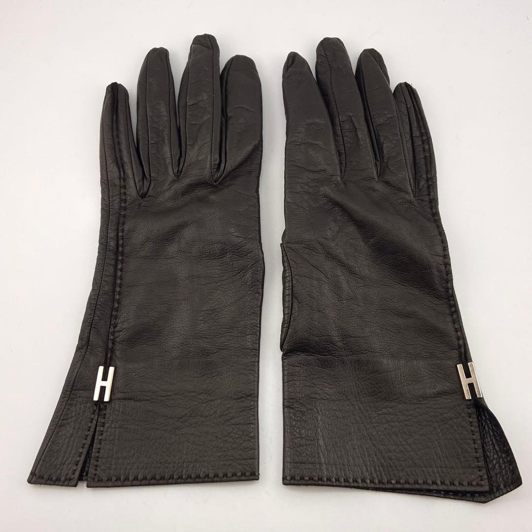 【美品】エルメス H金具 手袋 レザー ダークブラウン