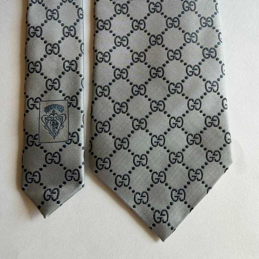 GUCCI グッチ ネクタイ GG総柄 シルバーグレー 高級シルク 美品