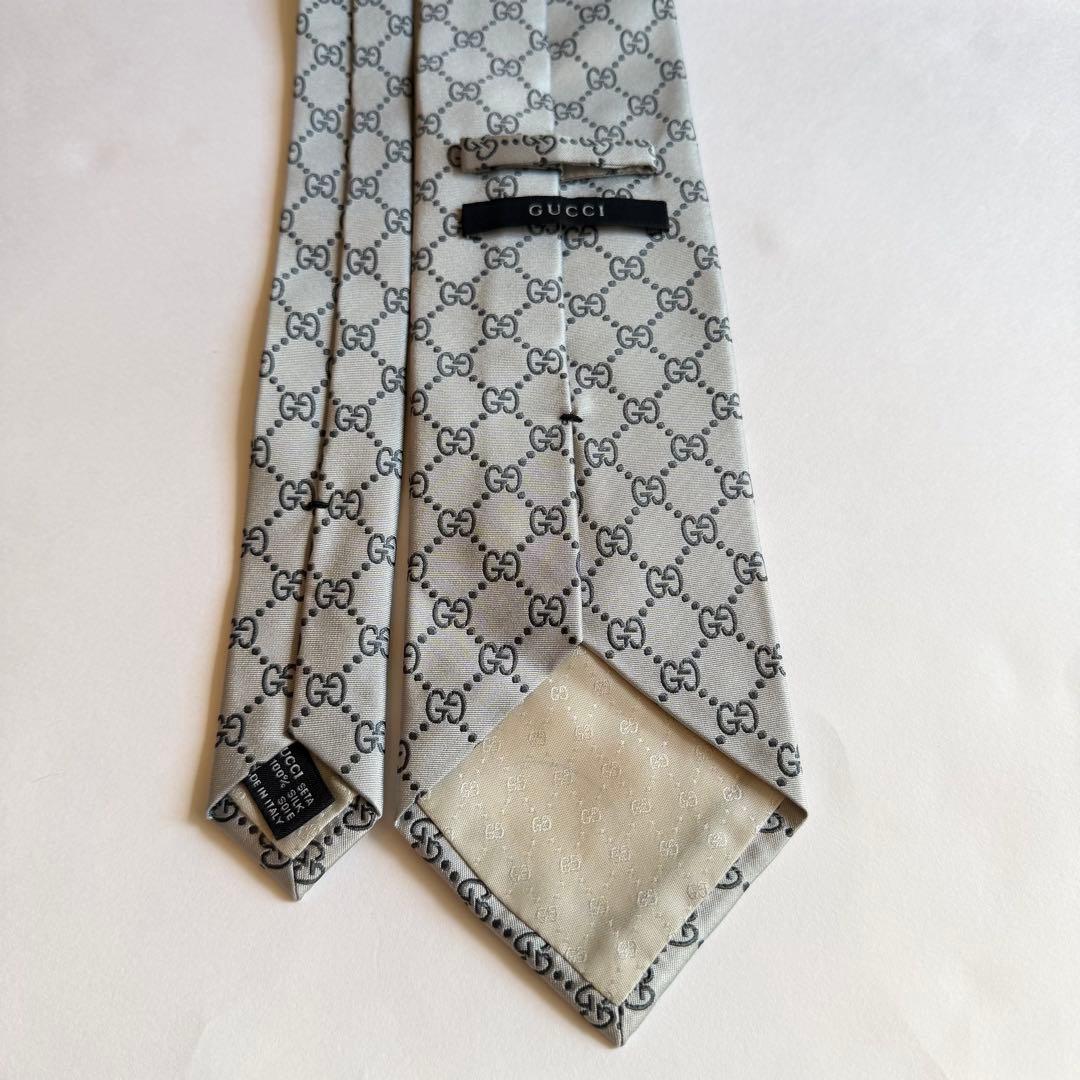 GUCCI グッチ ネクタイ GG総柄 シルバーグレー 高級シルク 美品