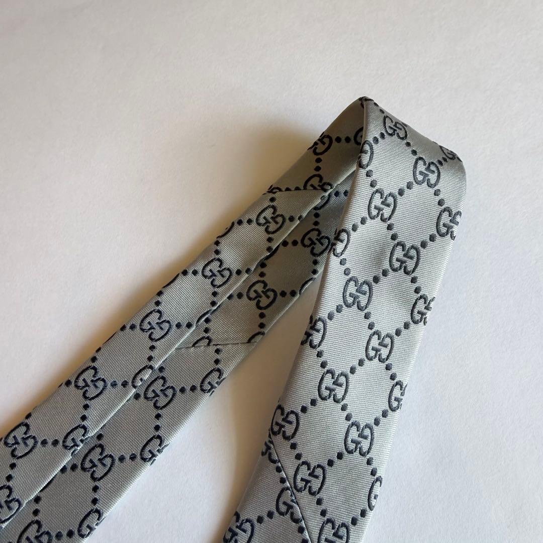 GUCCI グッチ ネクタイ GG総柄 シルバーグレー 高級シルク 美品