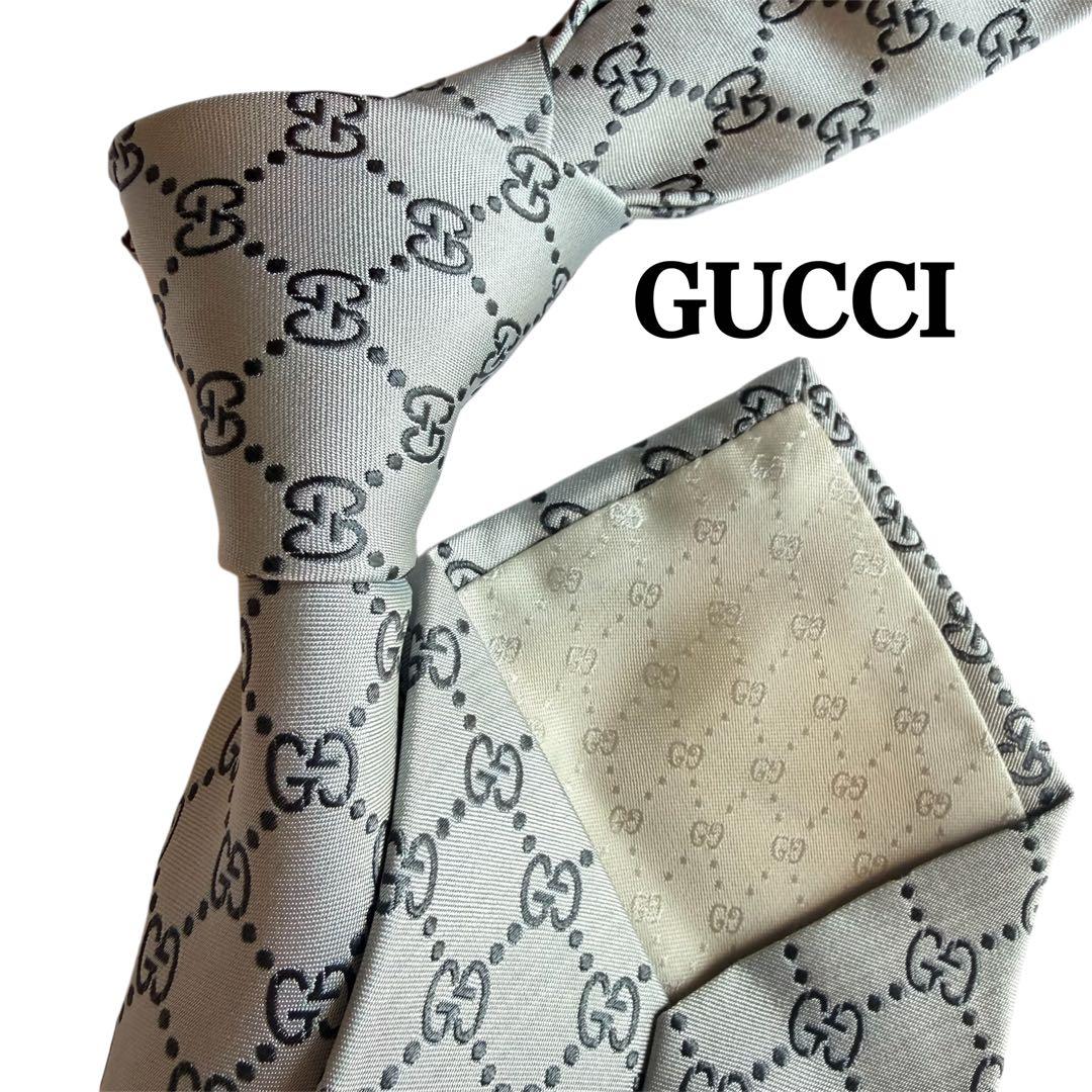 GUCCI グッチ ネクタイ GG総柄 シルバーグレー 高級シルク 美品