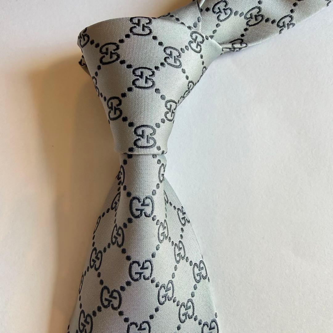GUCCI グッチ ネクタイ GG総柄 シルバーグレー 高級シルク 美品