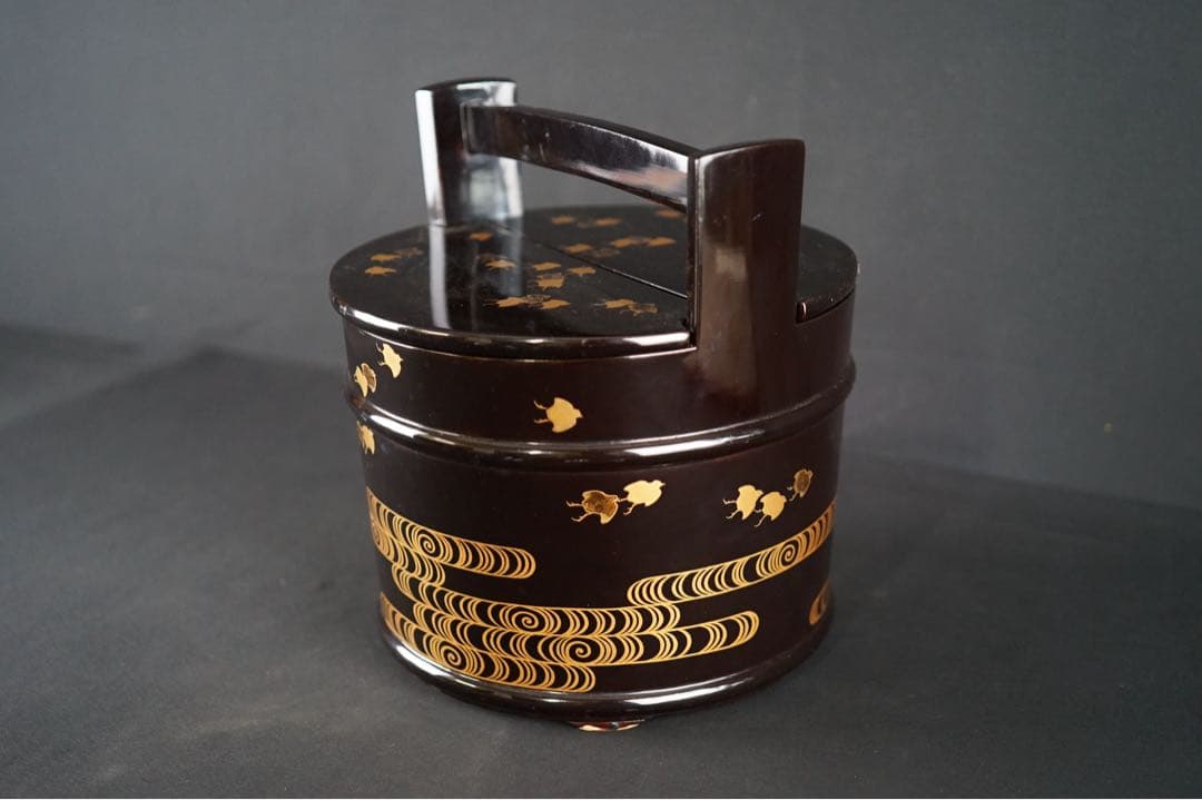 波 千鳥蒔絵 手桶水指 時代物 箱付 茶道具