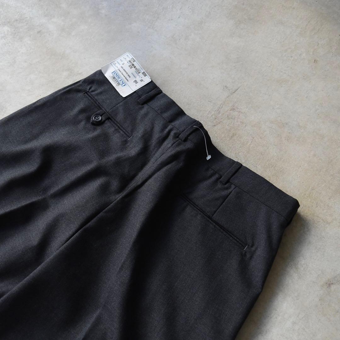 90s ランズエンド ウール ツータックスラックス チャコールグレーW34L30
