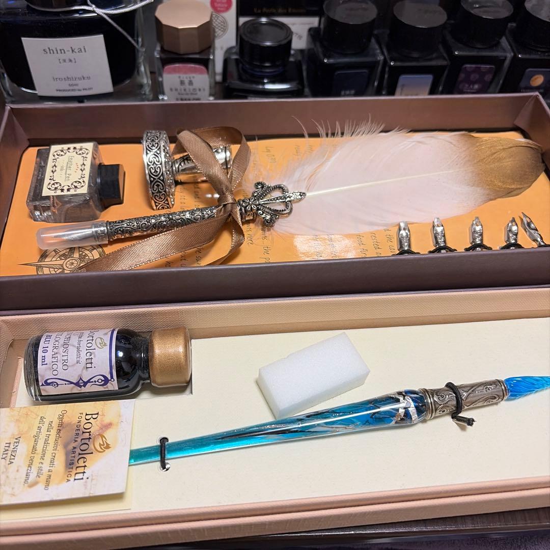 インク、ガラスペン、羽根ペンセット