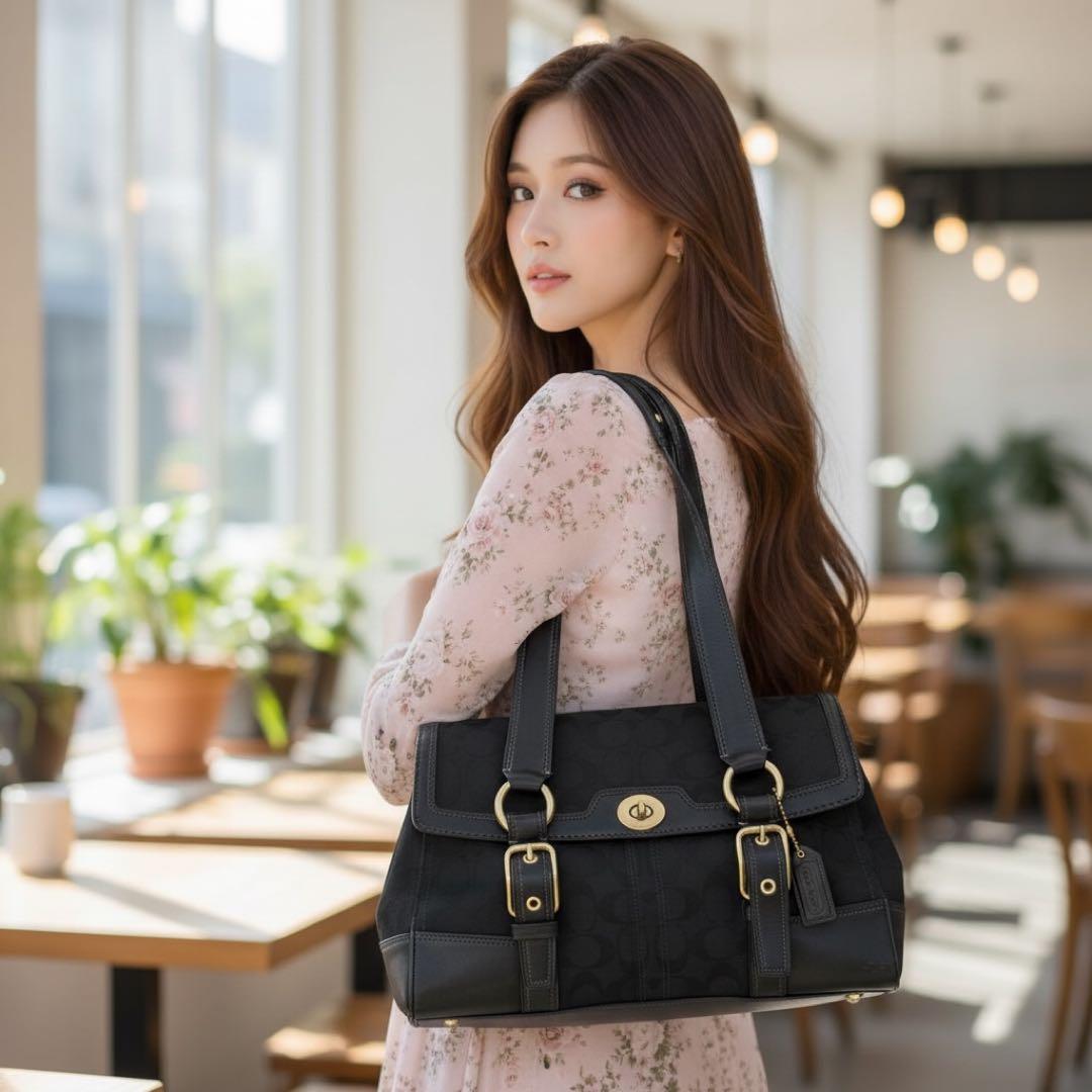 コーチ トートバッグ ターンロック シグネチャー レザー ゴールド金具 黒