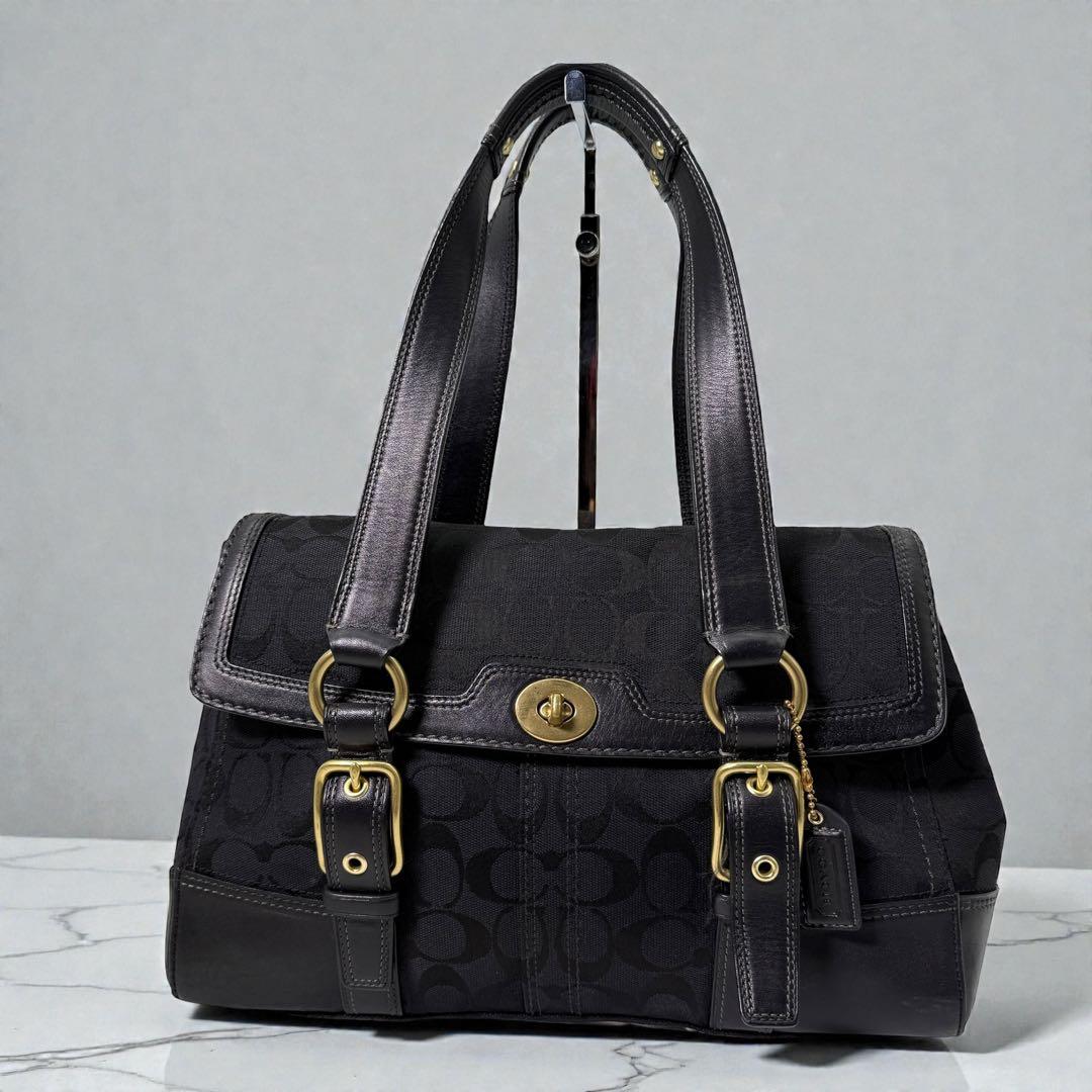 コーチ トートバッグ ターンロック シグネチャー レザー ゴールド金具 黒