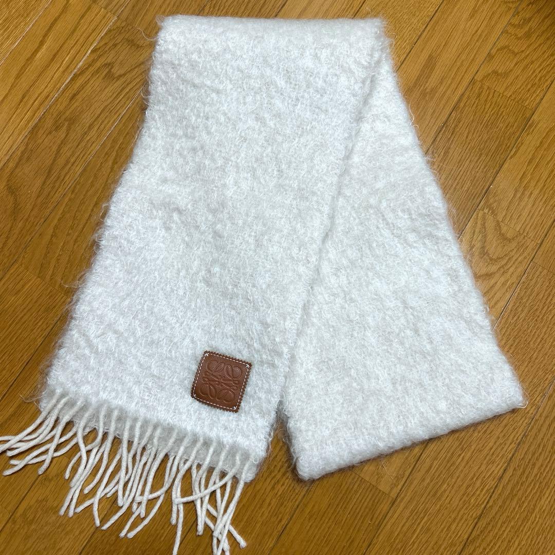 【美品】ロエベ LOEWE モヘア混 ウール マフラー 白 オフホワイト