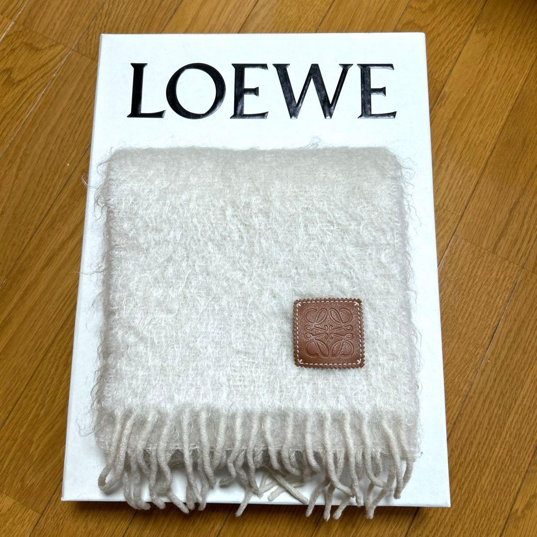 【美品】ロエベ LOEWE モヘア混 ウール マフラー 白 オフホワイト