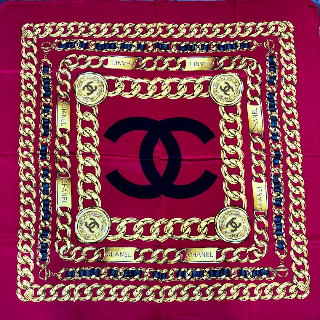 CHANELシャネル ロゴココマーク チェーン 柄シルク 100% スカーフ