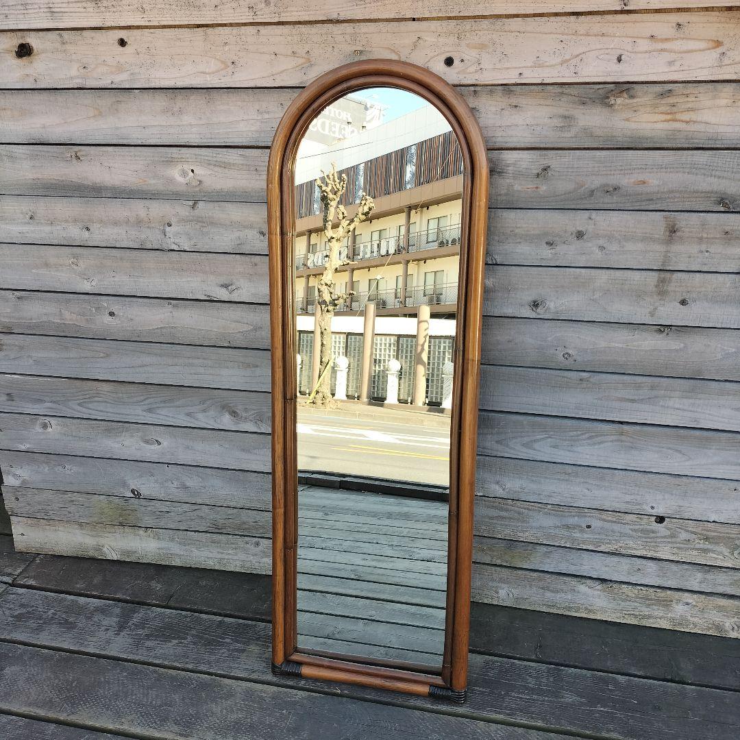 M♦ラタンミラー アンティークミラー アーチミラー 姿見 籐製