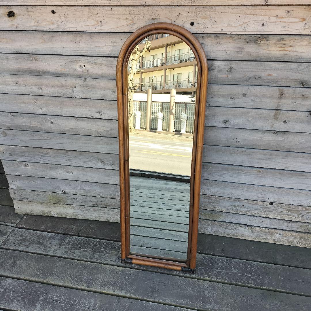 M♦ラタンミラー アンティークミラー アーチミラー 姿見 籐製