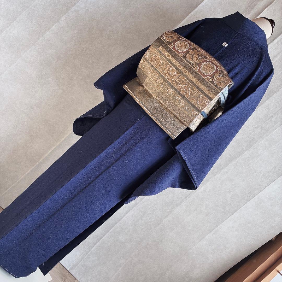 色無地　フルセット　着物　正絹　ブルー系　地紋　しつけ糸付き　一つ紋　共布　N3