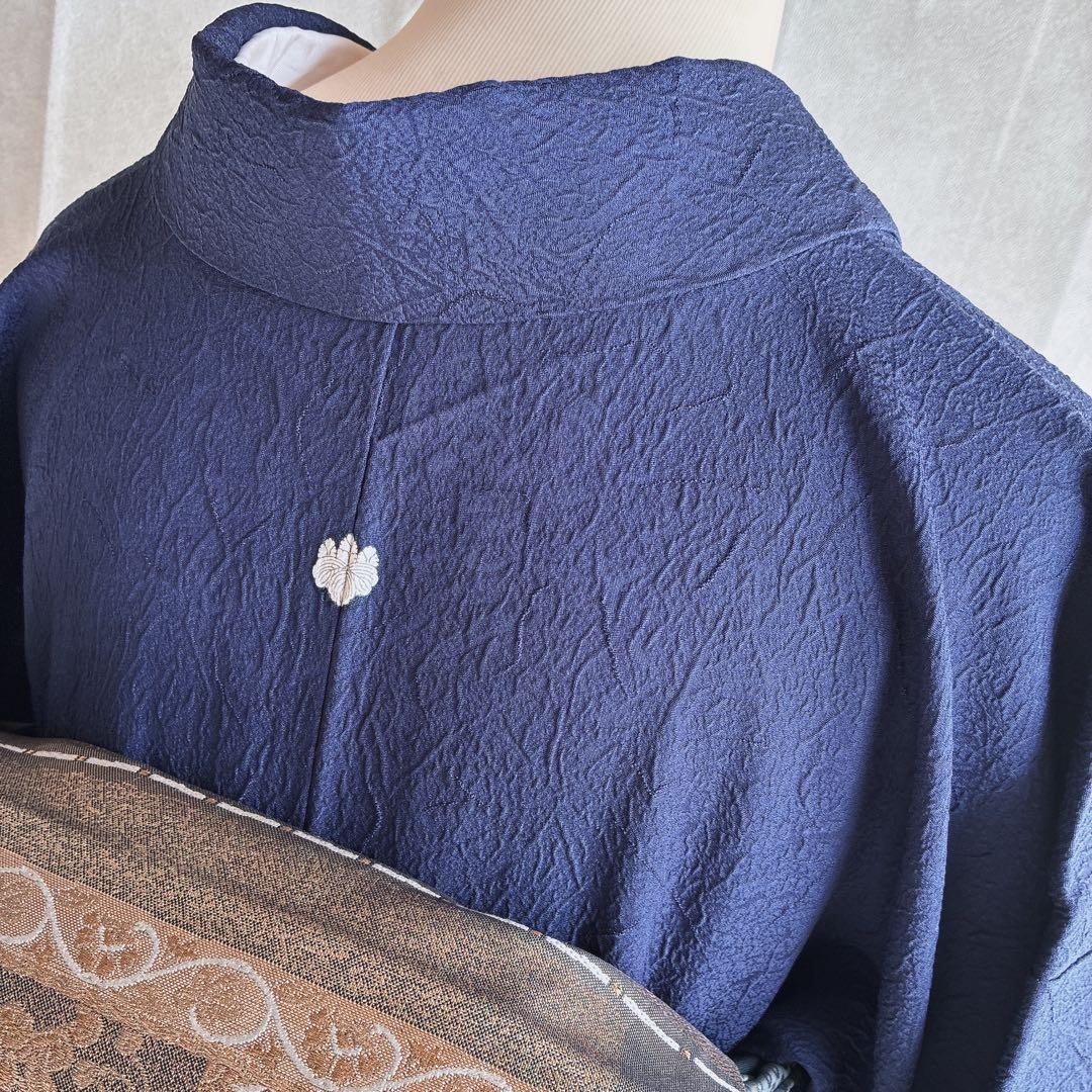 色無地　フルセット　着物　正絹　ブルー系　地紋　しつけ糸付き　一つ紋　共布　N3