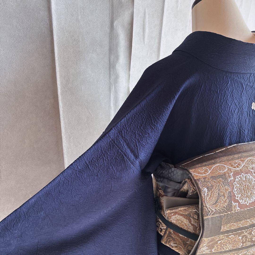 色無地　フルセット　着物　正絹　ブルー系　地紋　しつけ糸付き　一つ紋　共布　N3