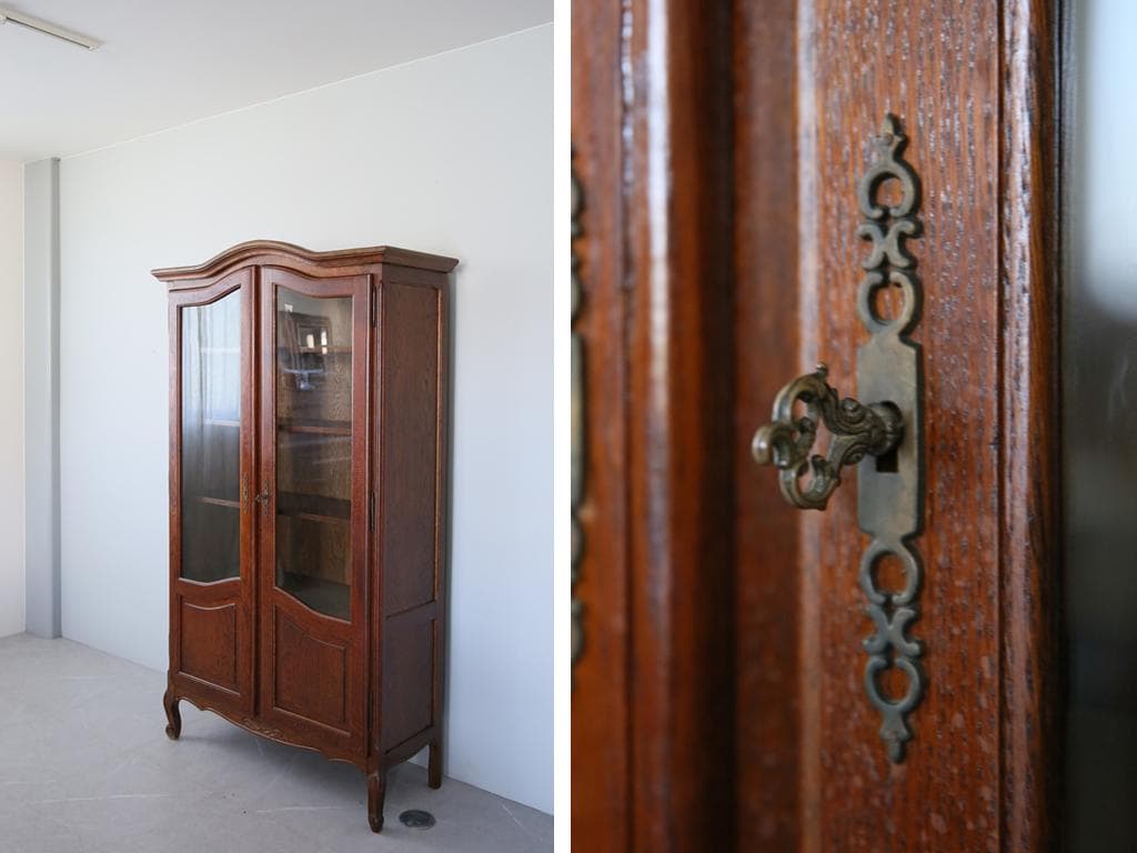 フランスアンティーク木製ブックケースキャビネット本棚/食器棚/飾り棚(90-93