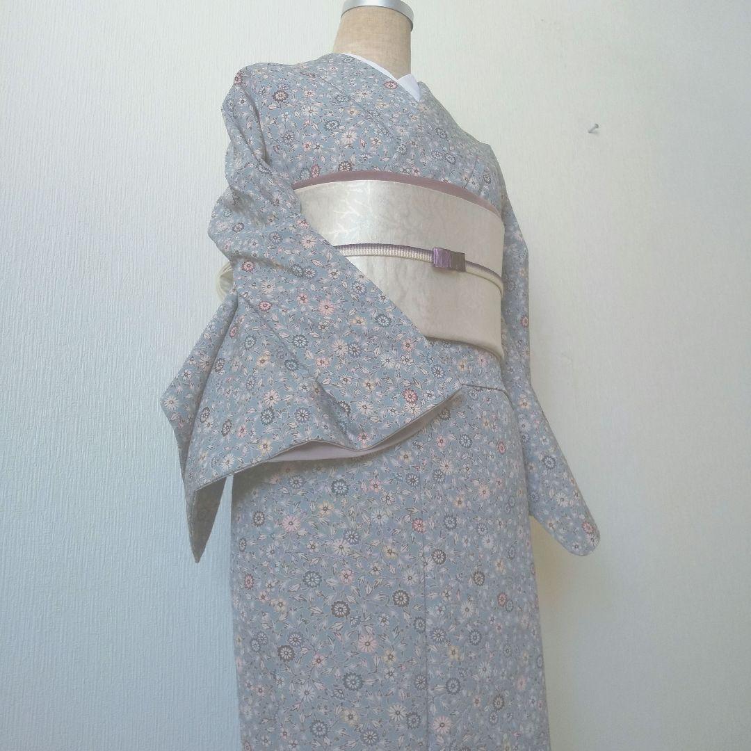 【さんび誂製】上質化繊・小紋・小花柄・くすみ水色系・袷・美品