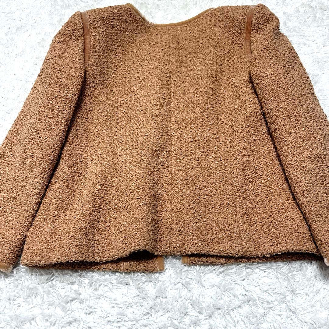 【FOXEY】フォクシー ノーカラーツイードジャケット シルク ロゴプレート