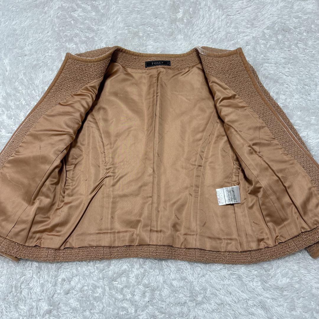 【FOXEY】フォクシー ノーカラーツイードジャケット シルク ロゴプレート