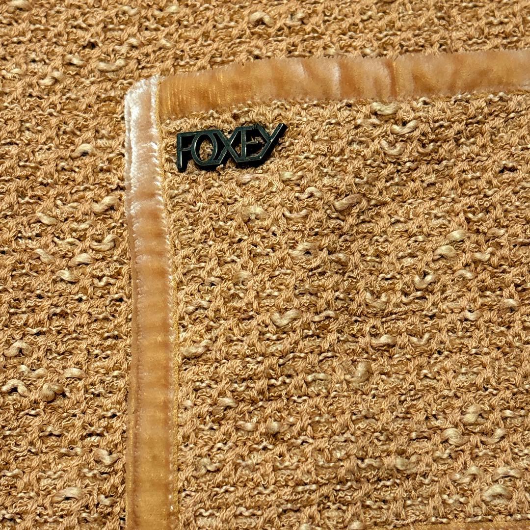 【FOXEY】フォクシー ノーカラーツイードジャケット シルク ロゴプレート