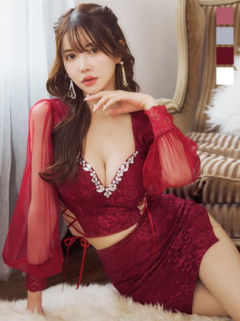 レースシースルー赤タイトドレス