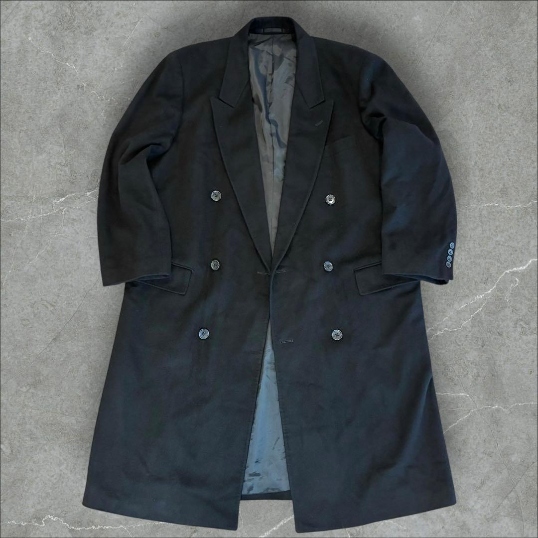 カシミア100% ダブルチェスターコート XL相当 マキシ丈 ロングコート 黒