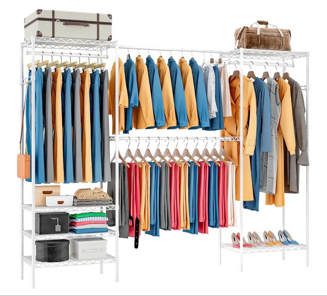 ハンガーラック 幅調整可 伸縮式ワードローブ メタルラック 棚板高さ調節