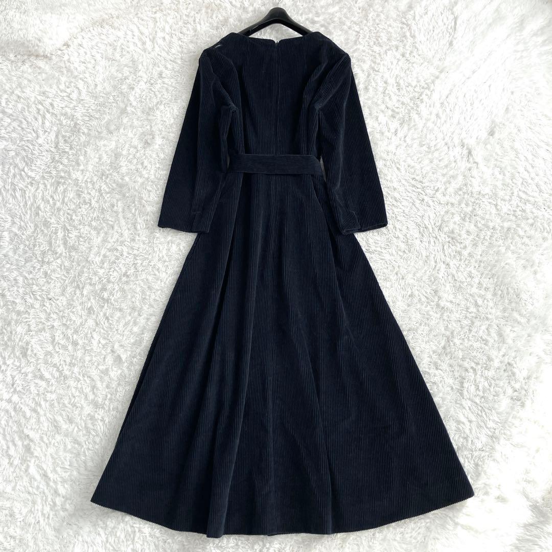 エスマックスマーラ✨ワンピース ベロア マキシリボン フレア Aライン 紺 36