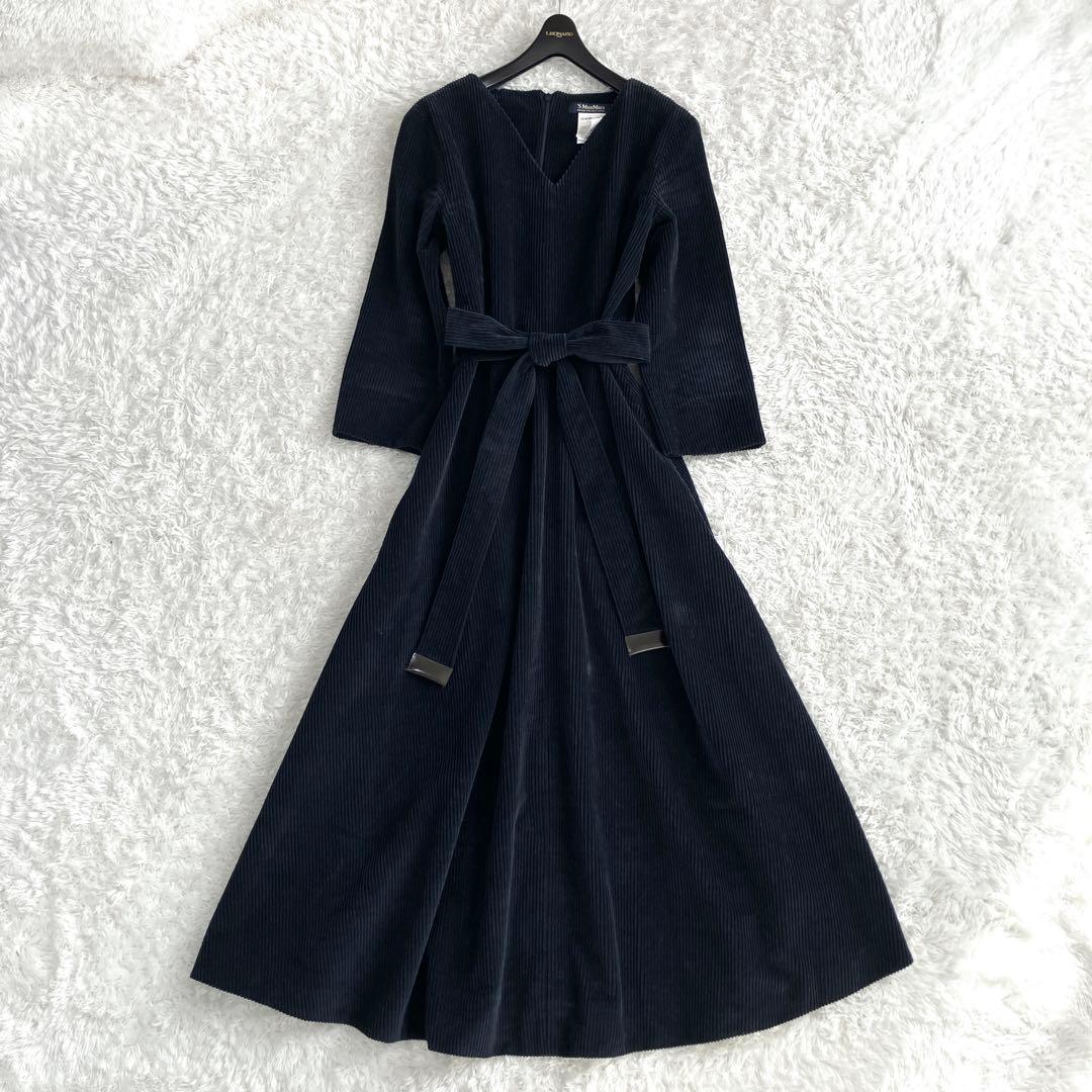 エスマックスマーラ✨ワンピース ベロア マキシリボン フレア Aライン 紺 36