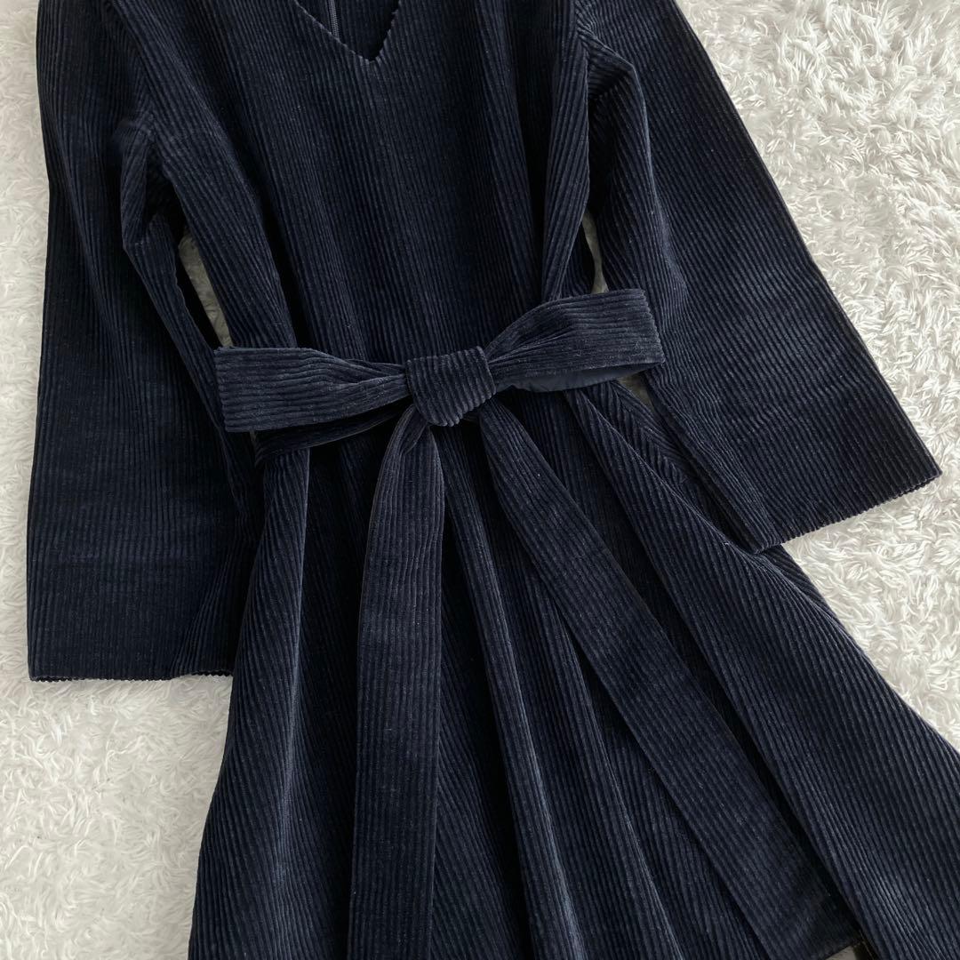 エスマックスマーラ✨ワンピース ベロア マキシリボン フレア Aライン 紺 36